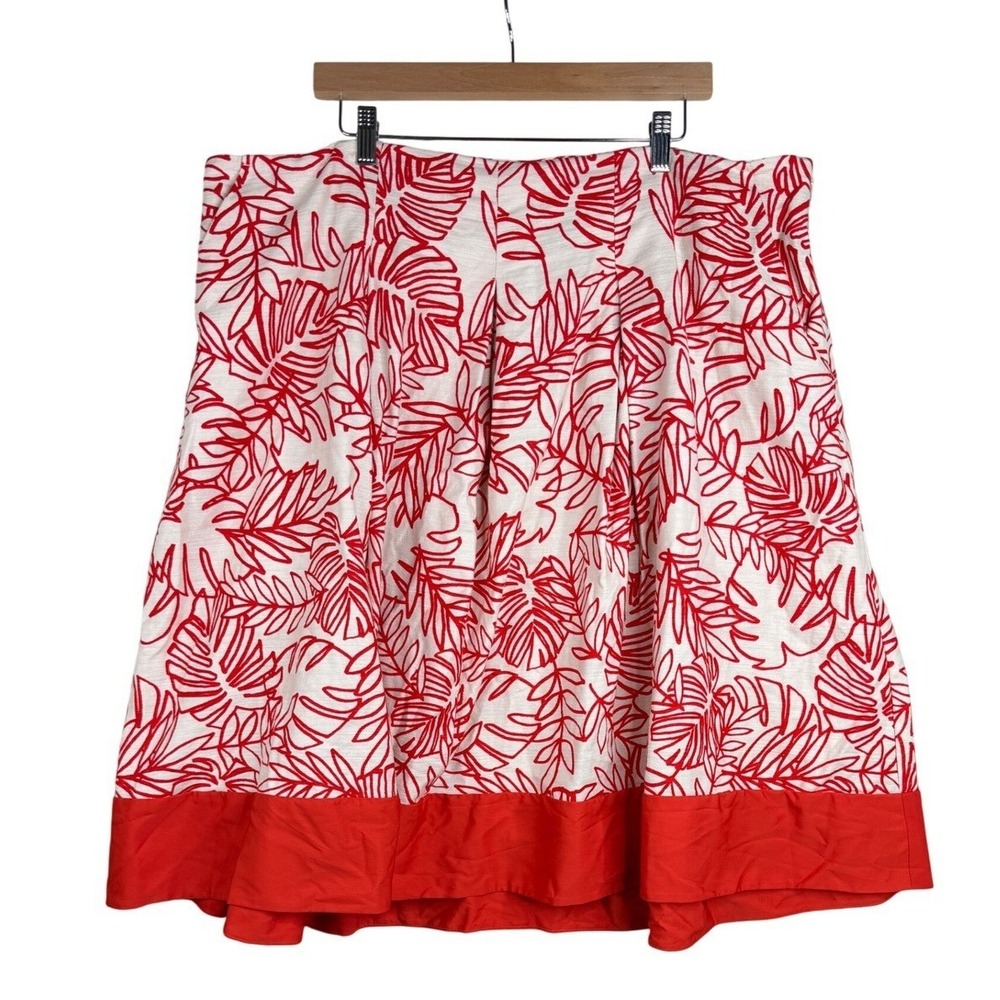 Lane Bryant Womens Red Cream Leaf Print Midi Skirt Plus Size 24 Linen Blend